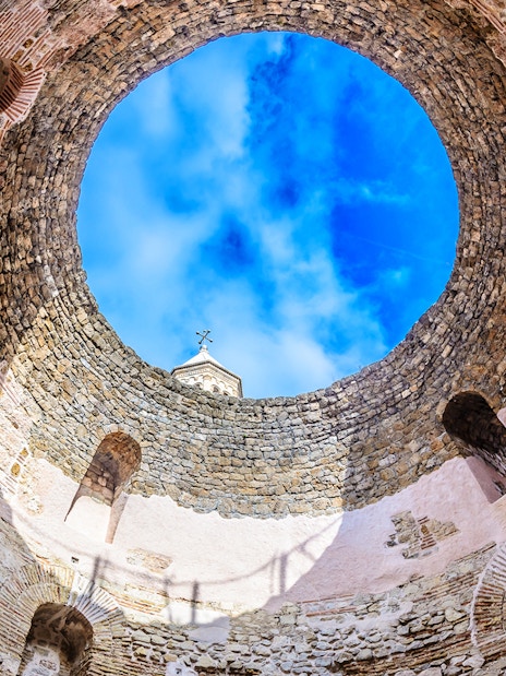 Diocletian's Cellar stone walls with open sky view, Split, Game of Thrones tour.