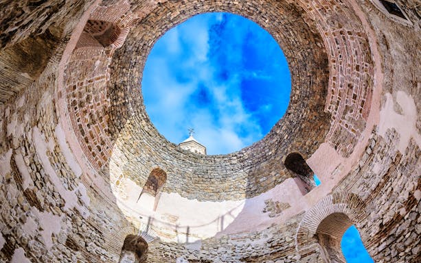 Diocletian's Cellar stone walls with open sky view, Split, Game of Thrones tour.