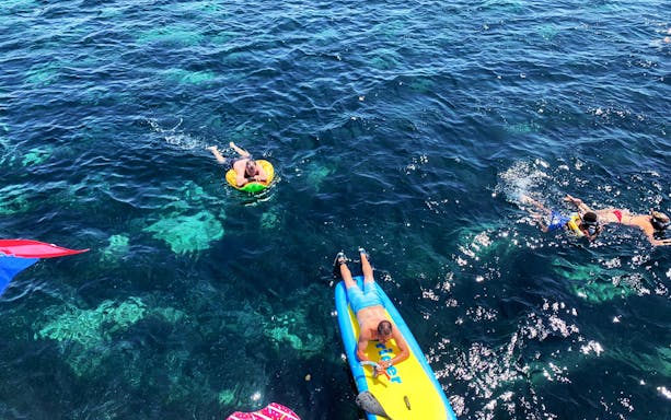Blue Lagoon with boats and coastline during Split Riviera Sunset Sightseeing Cruise, Croatia.