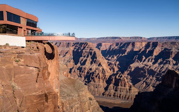 Grand Canyon West Rim with Skywalk overlooking canyon landscape.