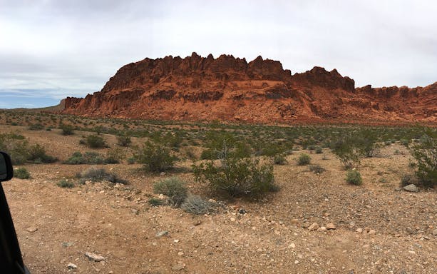 Red rock formations in Valley of Fire State Park, Nevada, with desert vegetation in the foreground.