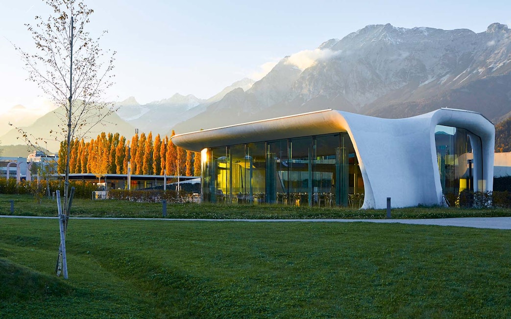 Swarovski Crystal Worlds entrance with mountain backdrop in Innsbruck, Austria.