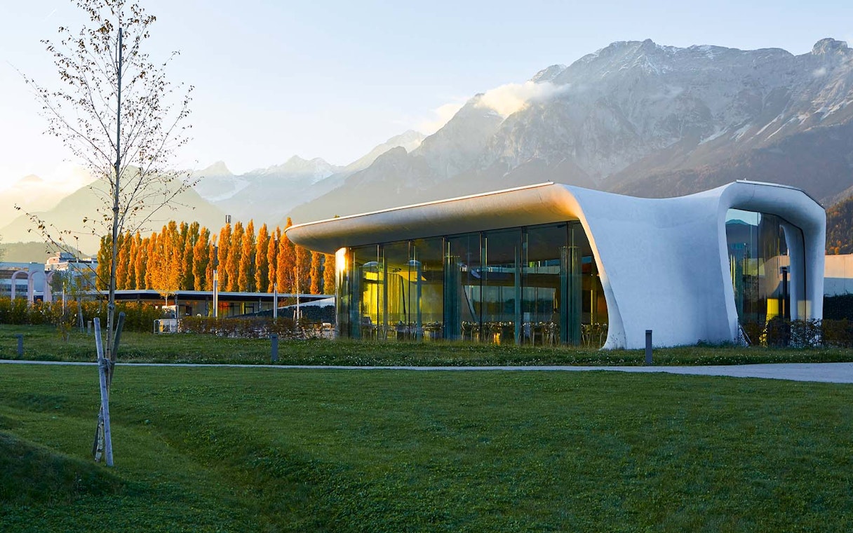 Swarovski Crystal Worlds entrance with mountain backdrop in Innsbruck, Austria.