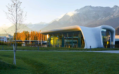 Swarovski Crystal Worlds entrance with mountain backdrop in Innsbruck, Austria.