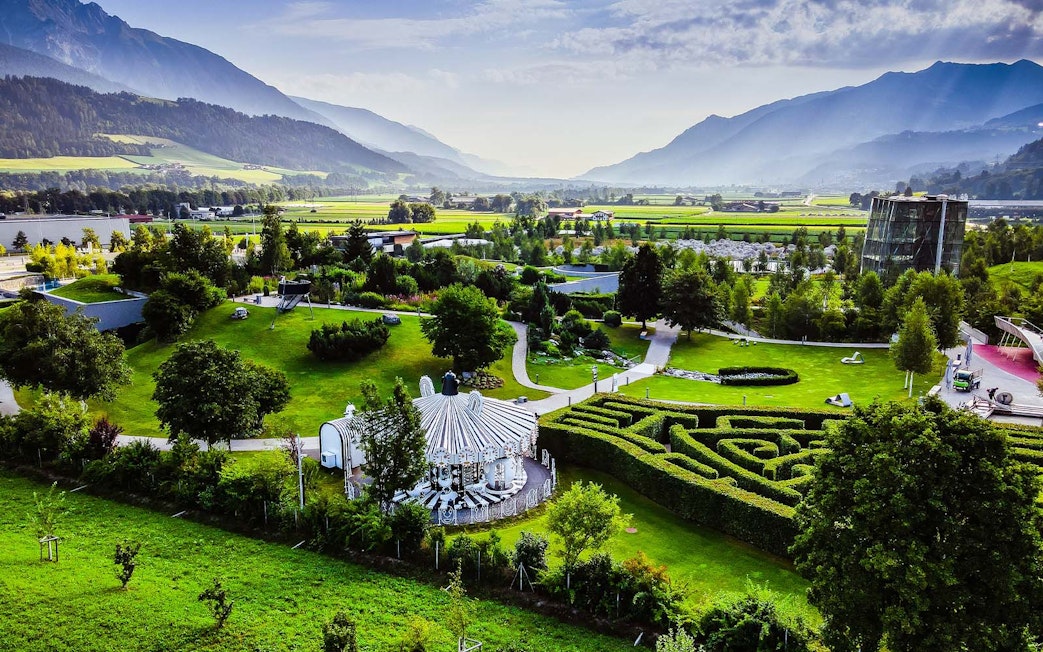 Swarovski Crystal Worlds entrance with gardens and maze in Innsbruck, Austria.