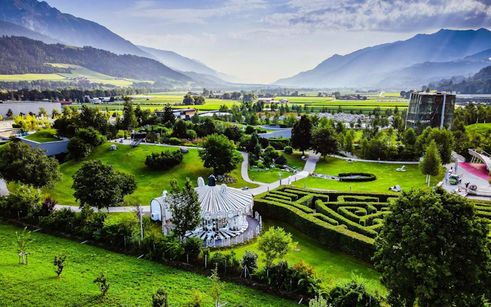 Swarovski Crystal Worlds entrance with gardens and maze in Innsbruck, Austria.