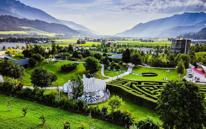 Swarovski Crystal Worlds entrance with gardens and maze in Innsbruck, Austria.