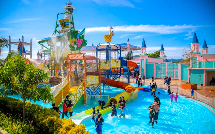 Water park with slides and splash area at Langkawi Wildlife Park, Malaysia.