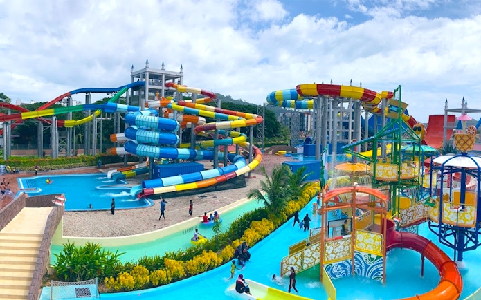 Water park with colorful slides and pools, part of Combo: Splash Out + Langkawi Wildlife Park tour.