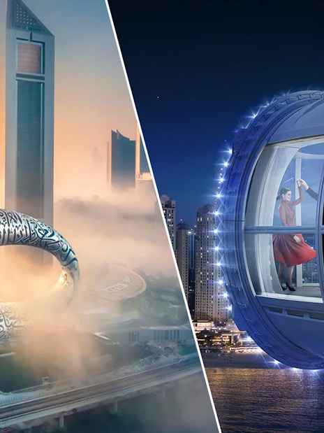Museum of the Future in Dubai with Ain Dubai observation wheel capsule at night.