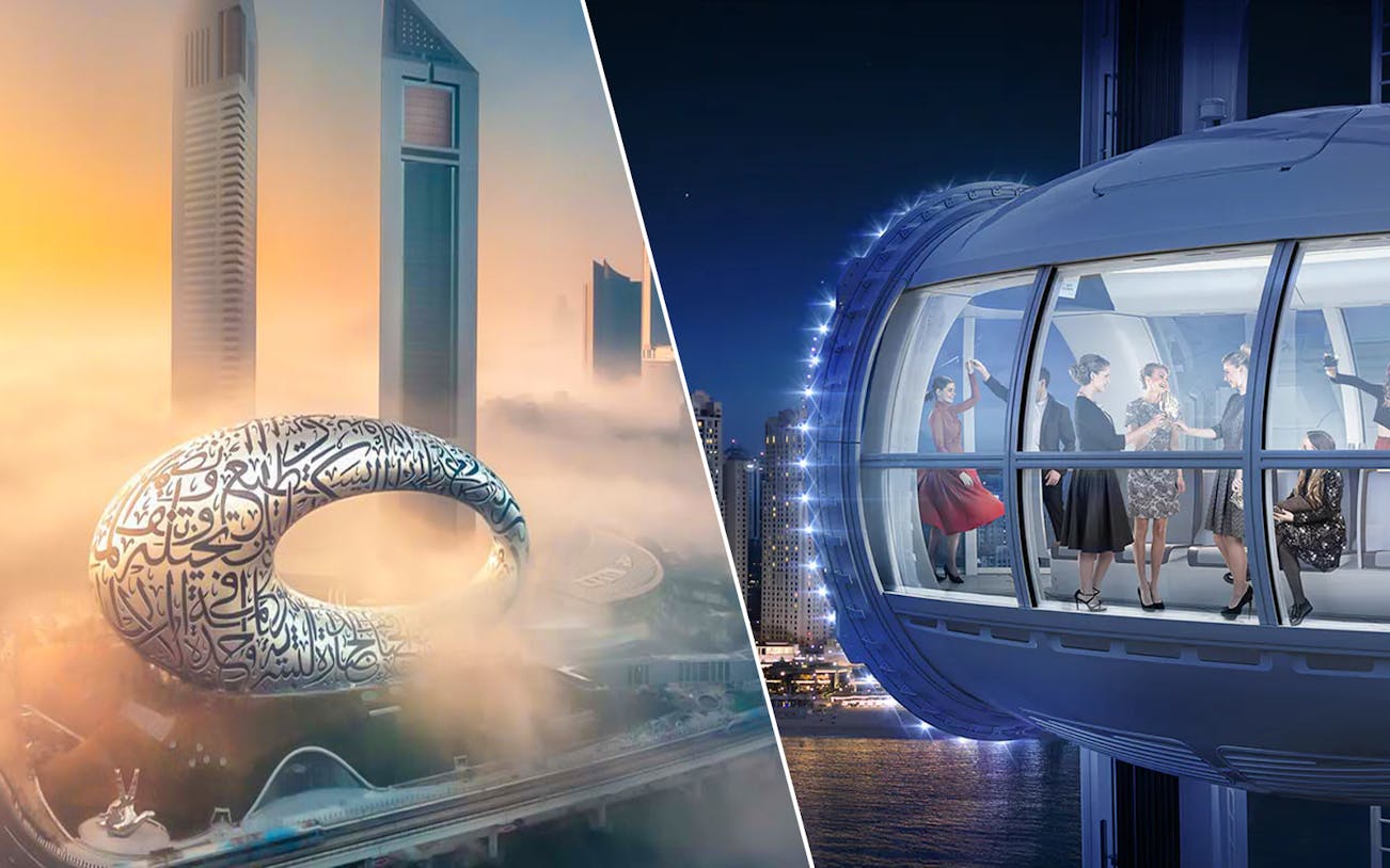 Museum of the Future in Dubai with Ain Dubai observation wheel capsule at night.