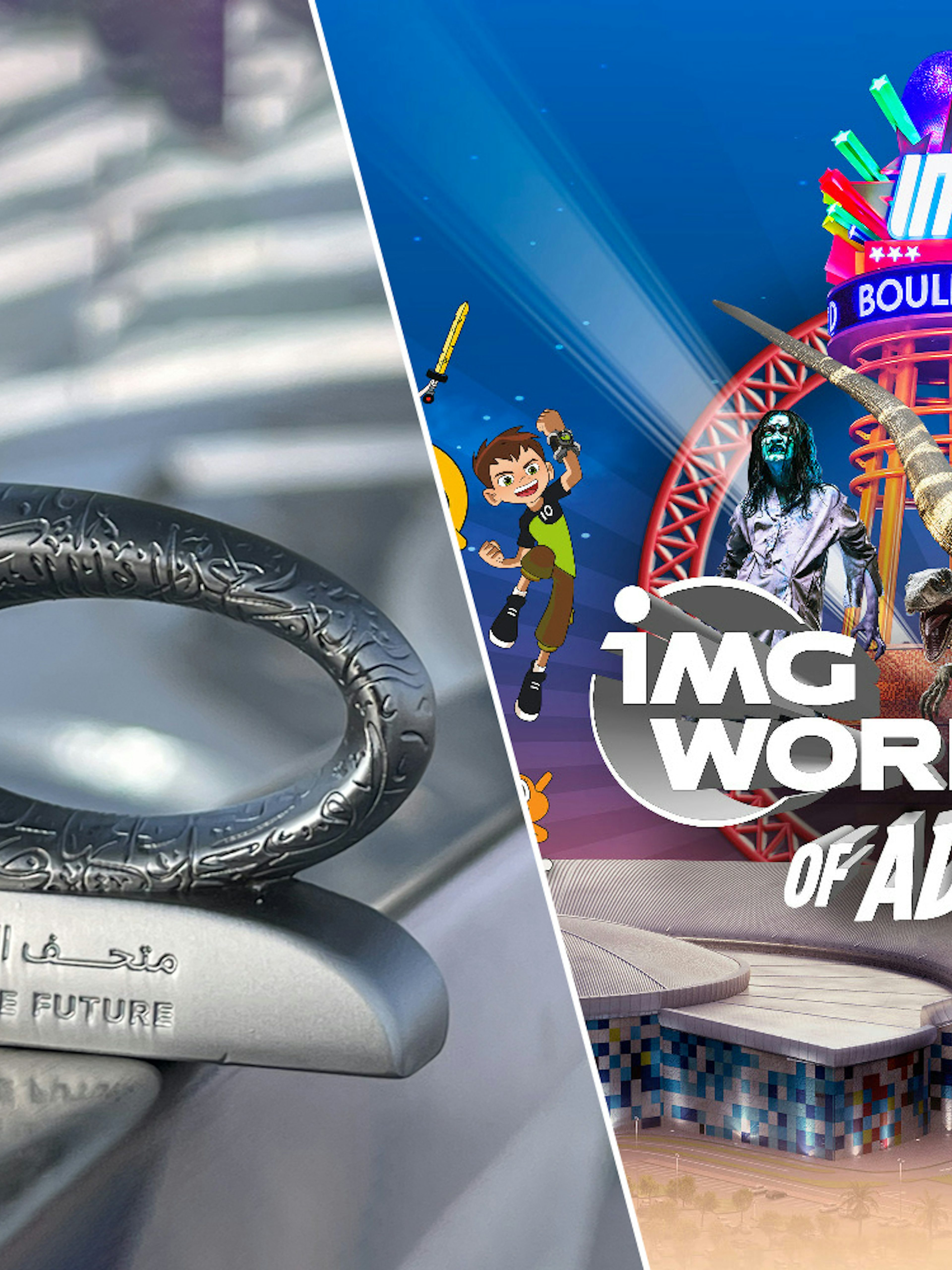 IMG Worlds of Adventure entrance with dinosaur and characters, Museum of the Future sculpture in Dubai.