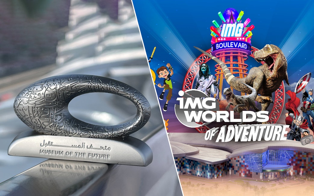 IMG Worlds of Adventure entrance with dinosaur and characters, Museum of the Future sculpture in Dubai.