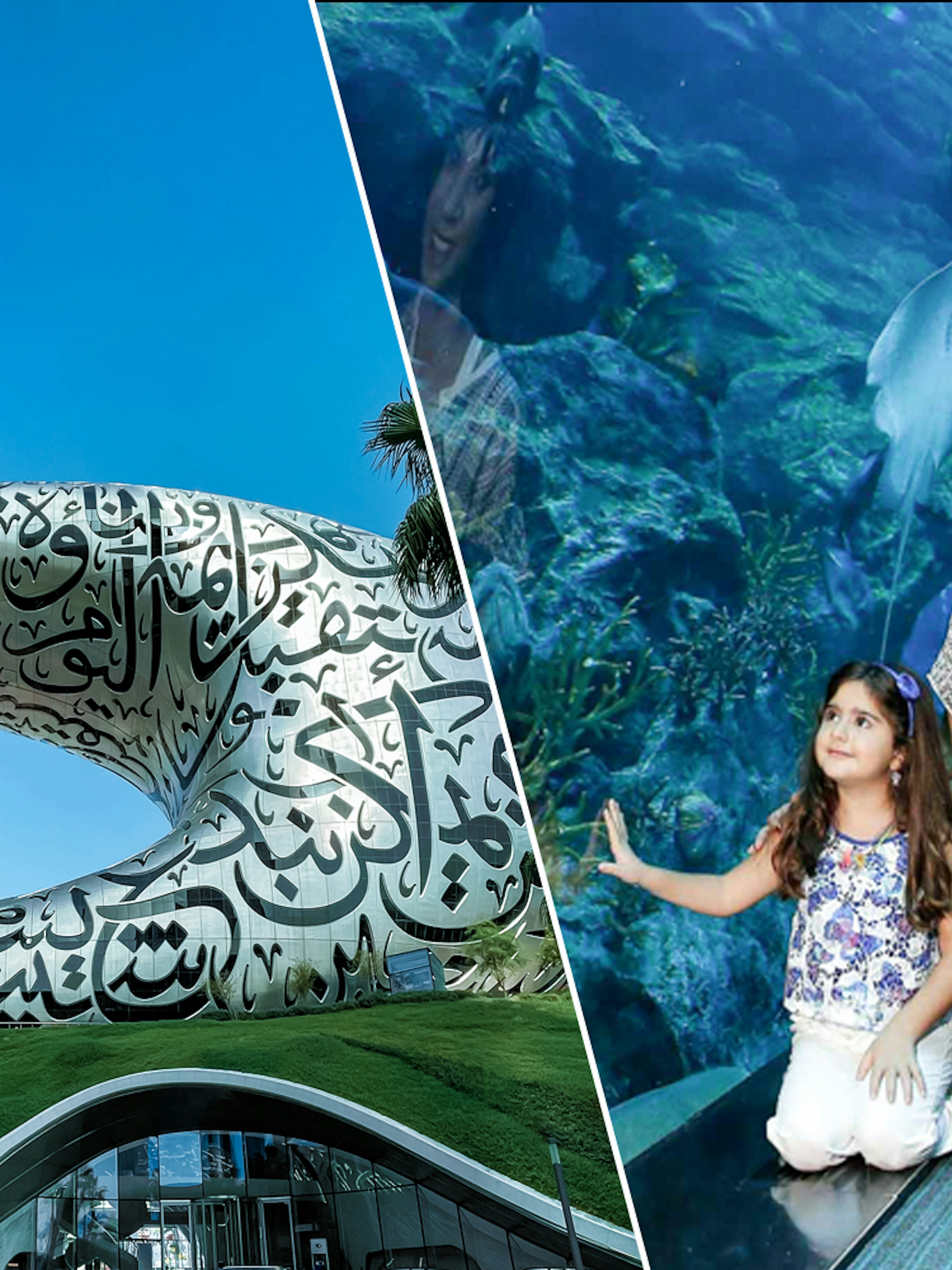 Museum of the Future exterior and family at Dubai Aquarium.