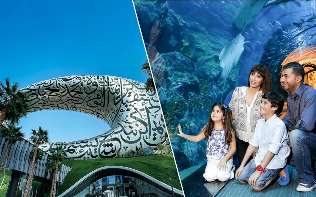 Museum of the Future exterior and family at Dubai Aquarium.