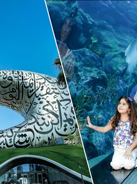 Museum of the Future exterior and family at Dubai Aquarium.