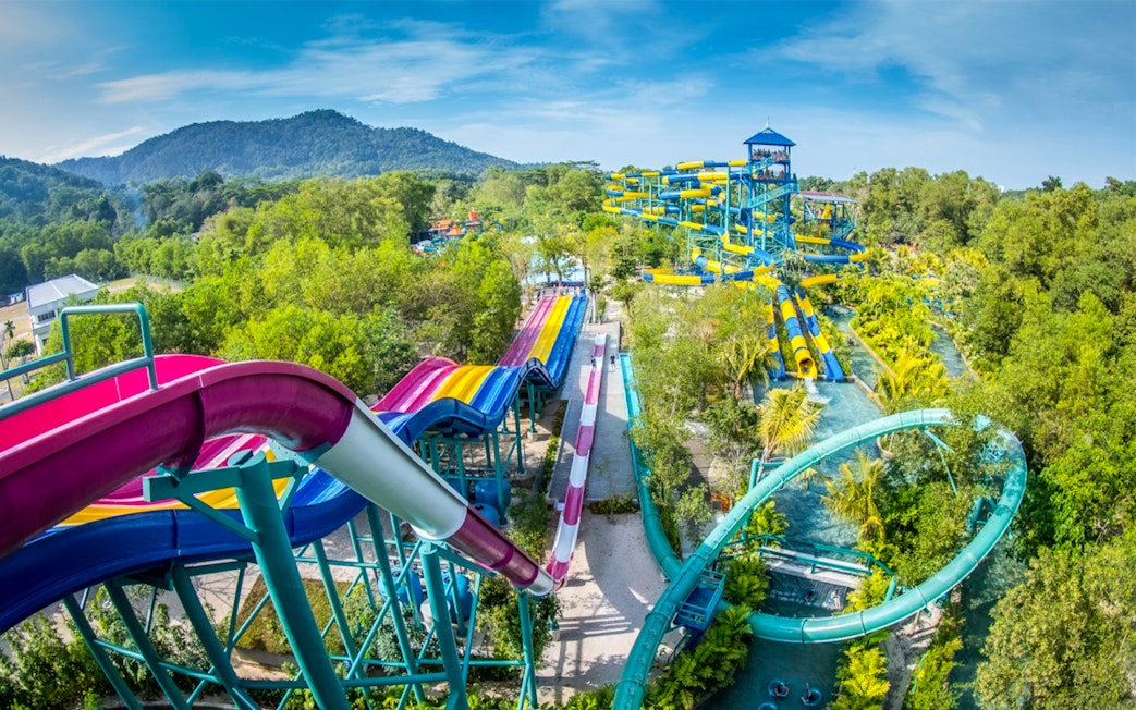 Water slides and lush greenery at ESCAPE Penang, Malaysia.