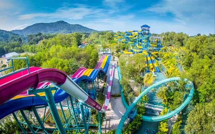 Water slides and lush greenery at ESCAPE Penang, Malaysia.