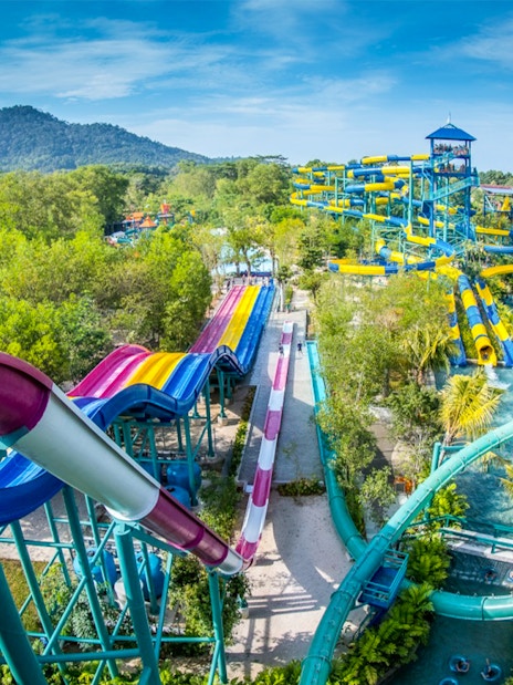 Water slides and lush greenery at ESCAPE Penang, Malaysia.