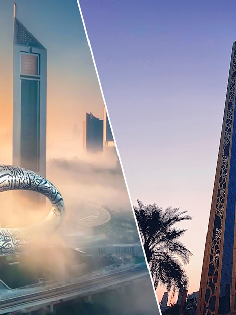 Museum of the Future and Dubai Frame in skyline view, Dubai.