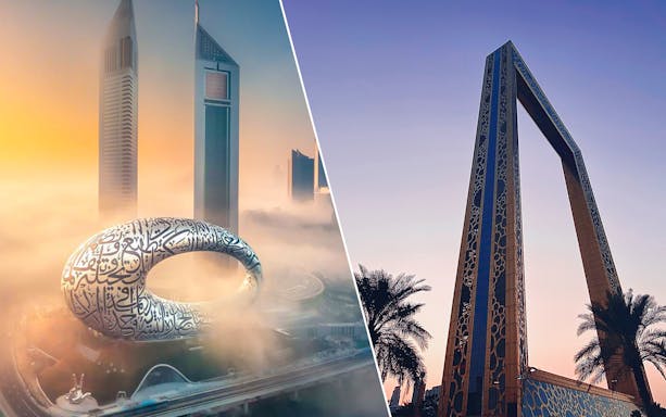 Museum of the Future and Dubai Frame in skyline view, Dubai.