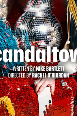 Scandaltown play poster with disco ball and colorful costumes.