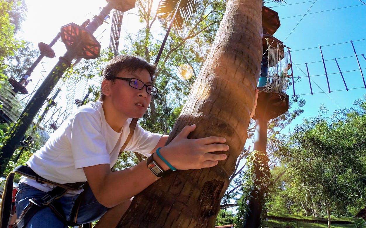Child climbing a tree at ESCAPE Petaling Jaya adventure park.