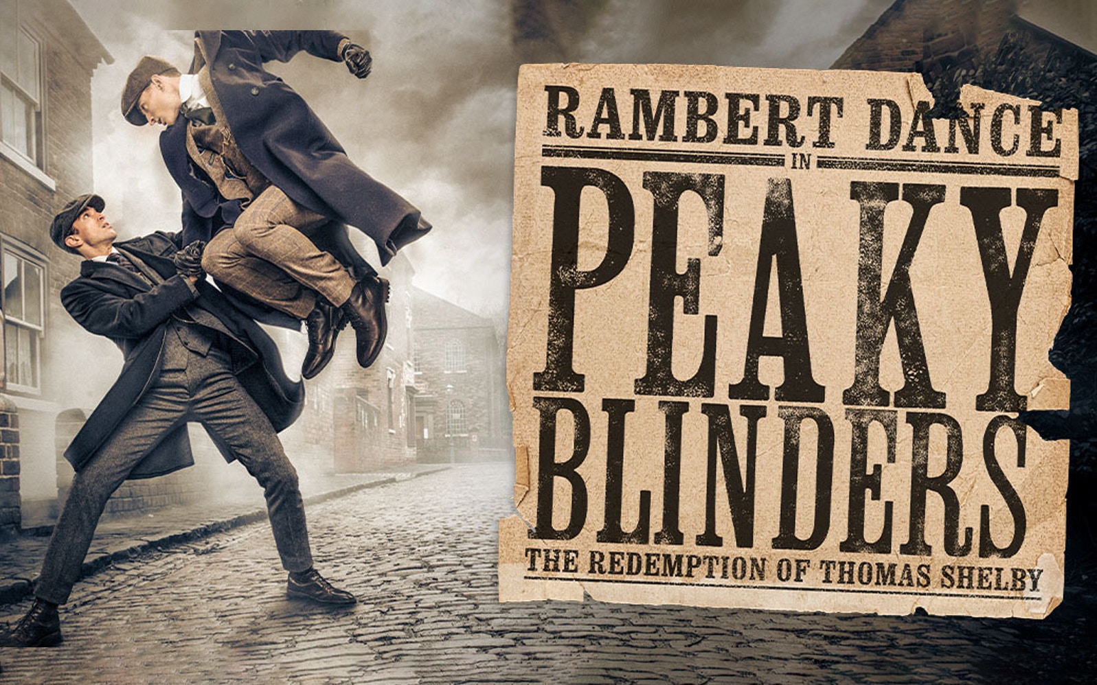 Two men in period clothing engaged in a dramatic pose on a cobblestone street, Peaky Blinders theme.
