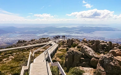 Kunanyi/Mt Wellington summit view overlooking Hobart city and Derwent River.