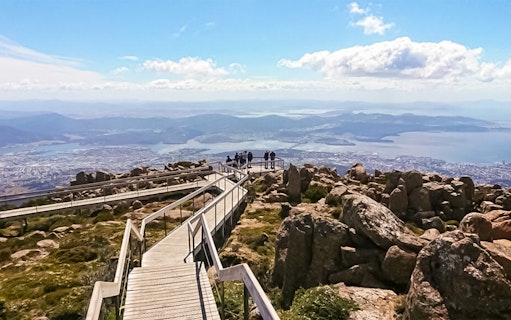 Kunanyi/Mt Wellington summit view overlooking Hobart city and Derwent River.