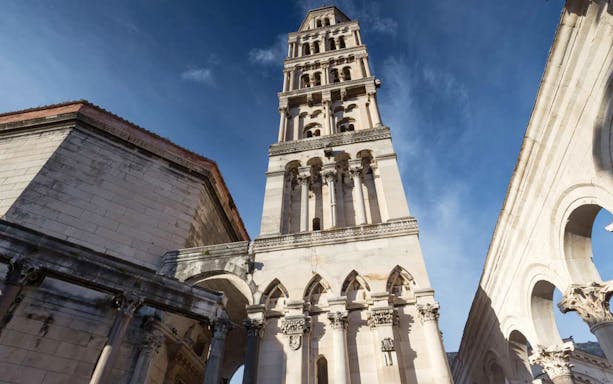 Bell tower of Diocletian's Palace in Split, Croatia, viewed from below.