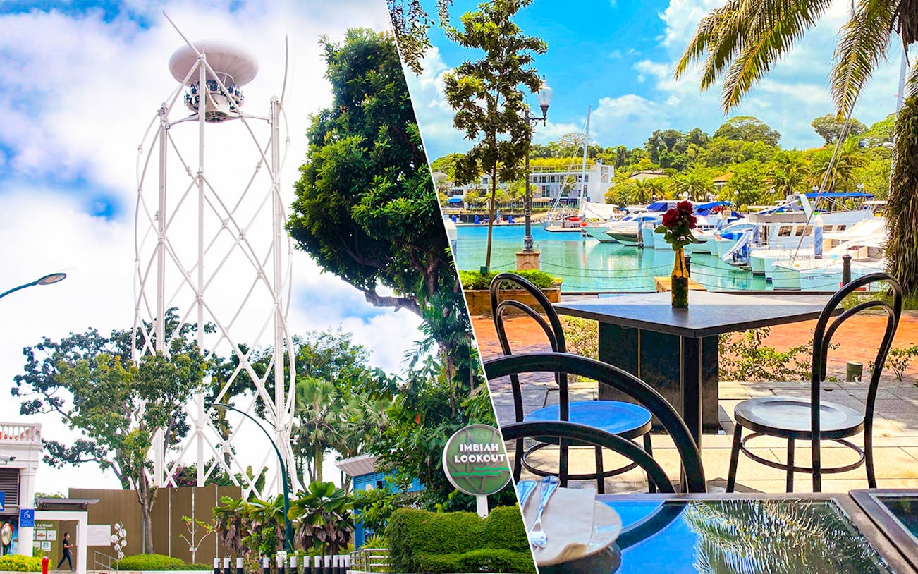 SkyHelix Sentosa tower and waterfront dining area with yachts in Sentosa, Singapore.