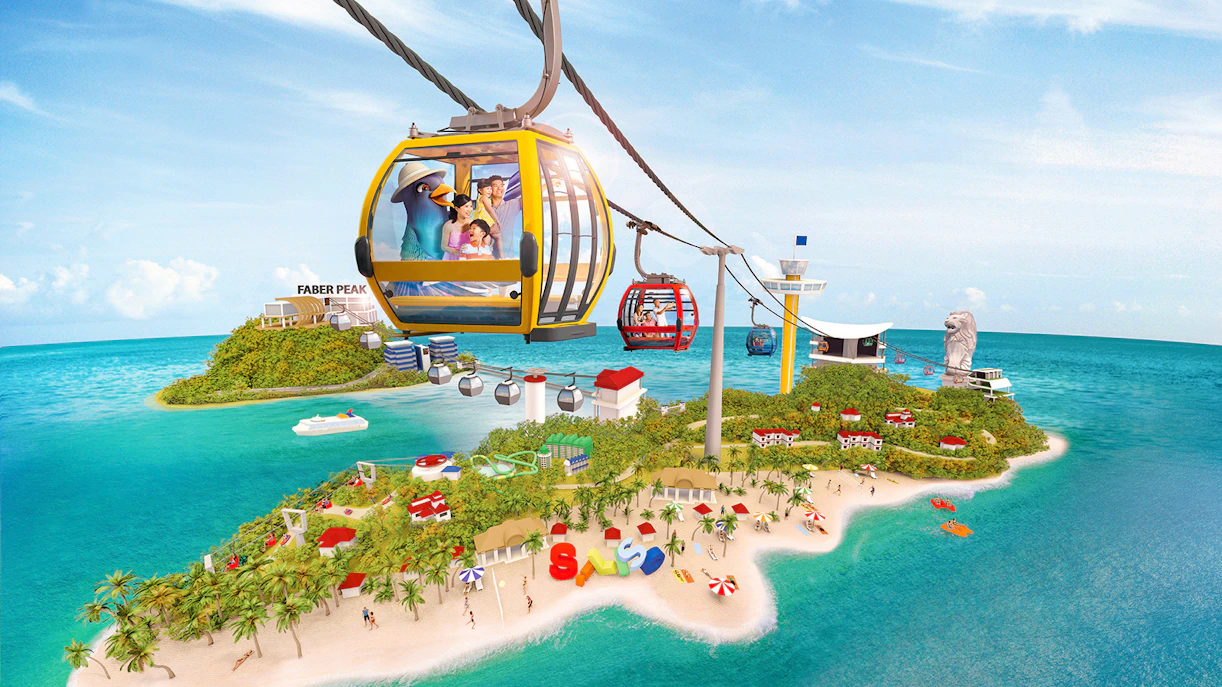 Singapore Cable Car over Sentosa Island with view of Merlion and beach activities.