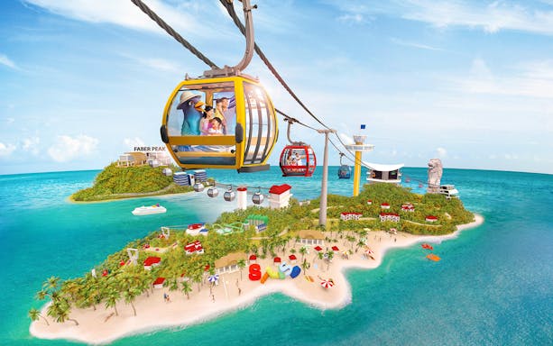 Singapore Cable Car over Sentosa Island with view of Merlion and beach activities.