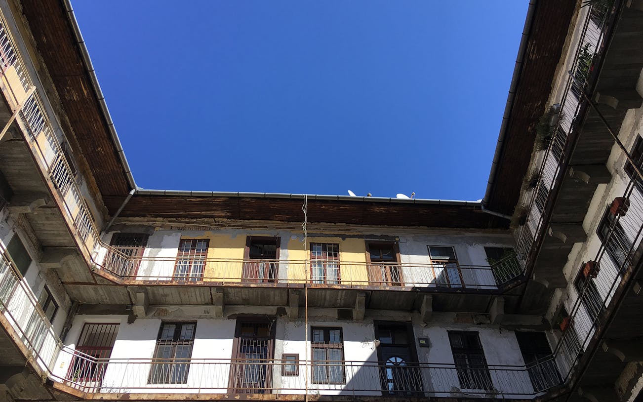 Courtyard view of historic building on Jewish Heritage Tour, Budapest.