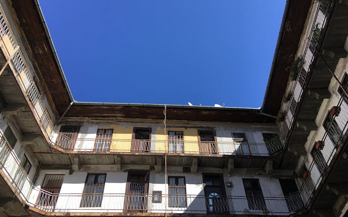 Courtyard view of historic building on Jewish Heritage Tour, Budapest.