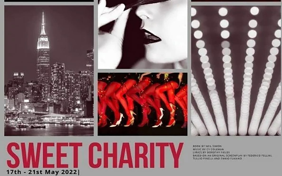 Collage of New York skyline, dancer legs, and a woman's face for Sweet Charity show.