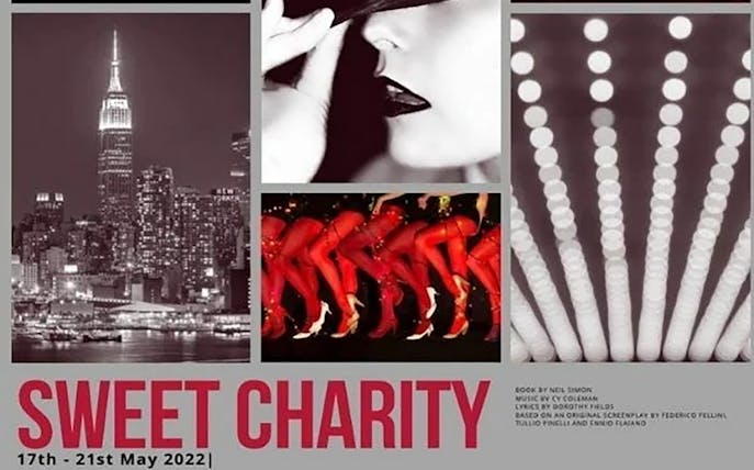 Collage of New York skyline, dancer legs, and a woman's face for Sweet Charity show.