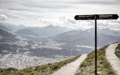 Path of Perspectives sign overlooking Innsbruck valley and mountains, Austria.
