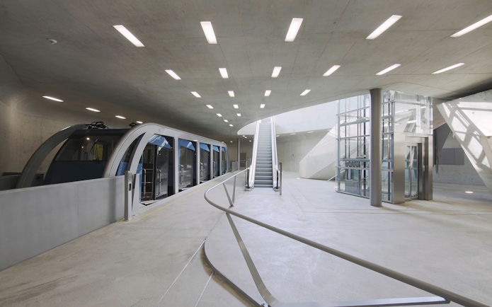 Funicular station interior at Top of Innsbruck PLUS, Austria.