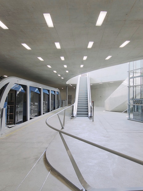 Funicular station interior at Top of Innsbruck PLUS, Austria.