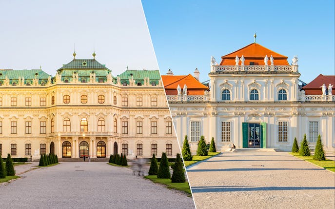 Upper and Lower Belvedere Palace in Vienna, Austria, showcasing baroque architecture.