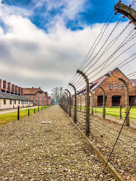 Auschwitz-Birkenau concentration camp buildings and barbed wire fence under cloudy sky.