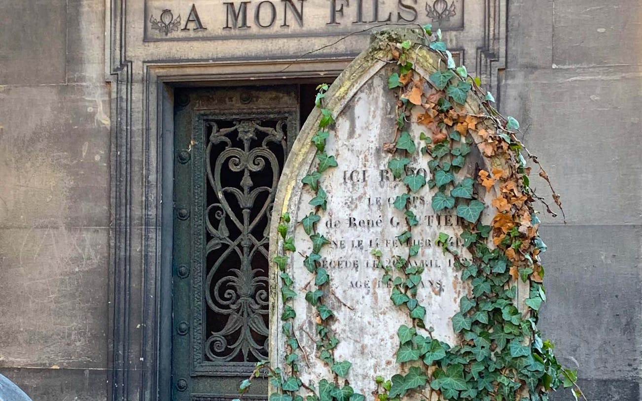 Tombstone with ivy at Père Lachaise Cemetery, Paris.