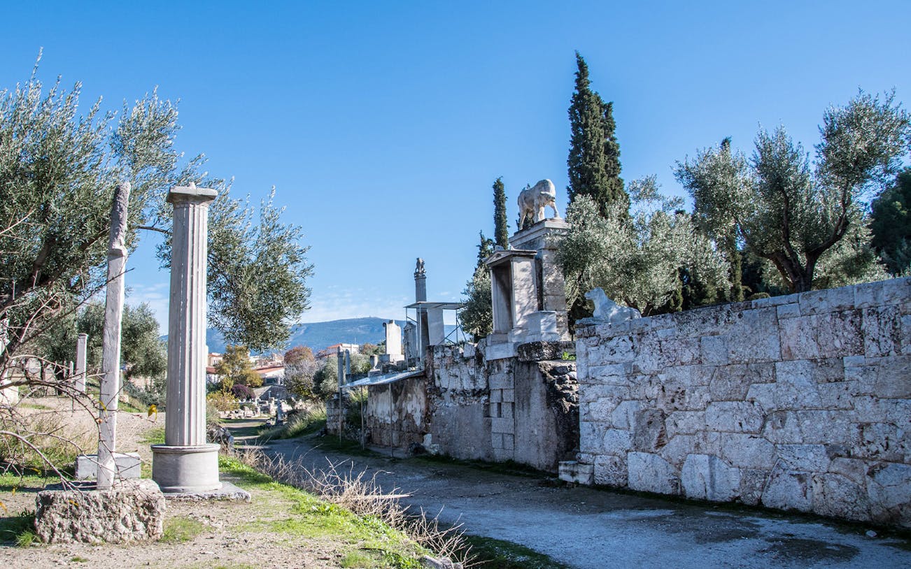 Kerameikos archaeological site with ancient columns and stone walls in Athens.