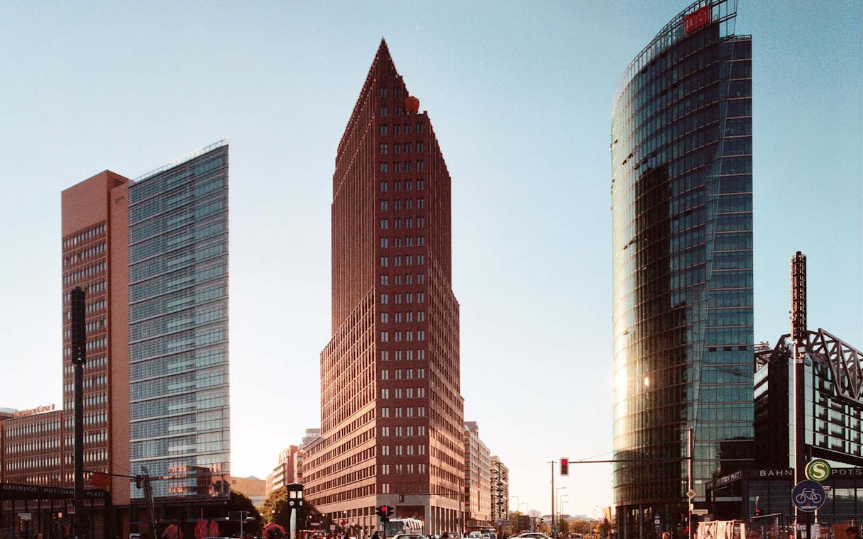 Potsdamer Platz skyscrapers in Berlin, near German Spy Museum and Panoramapunkt.