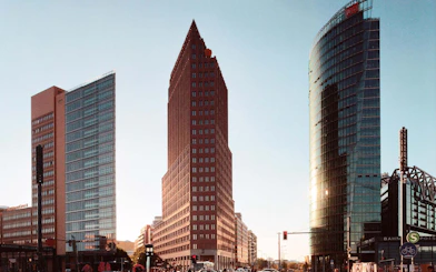 Potsdamer Platz skyscrapers in Berlin, near German Spy Museum and Panoramapunkt.