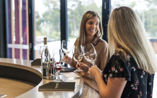 Women enjoying wine tasting at Brokenwood winery.