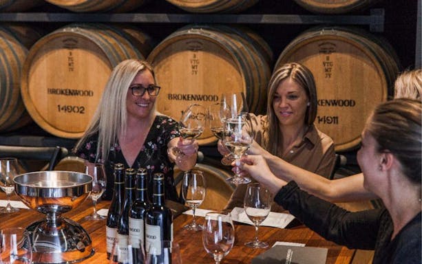 Guests toasting wine glasses at Brokenwood winery tour.