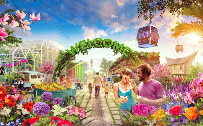 Visitors enjoying flowers and food at Floriade Horticultural Expo in Amsterdam.